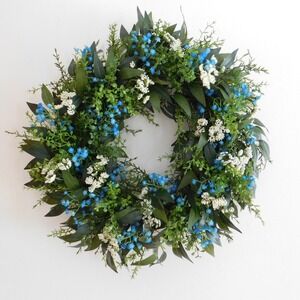Artificial Year Round Greenery Wreath Blue and White Flowers Housewarming Gift